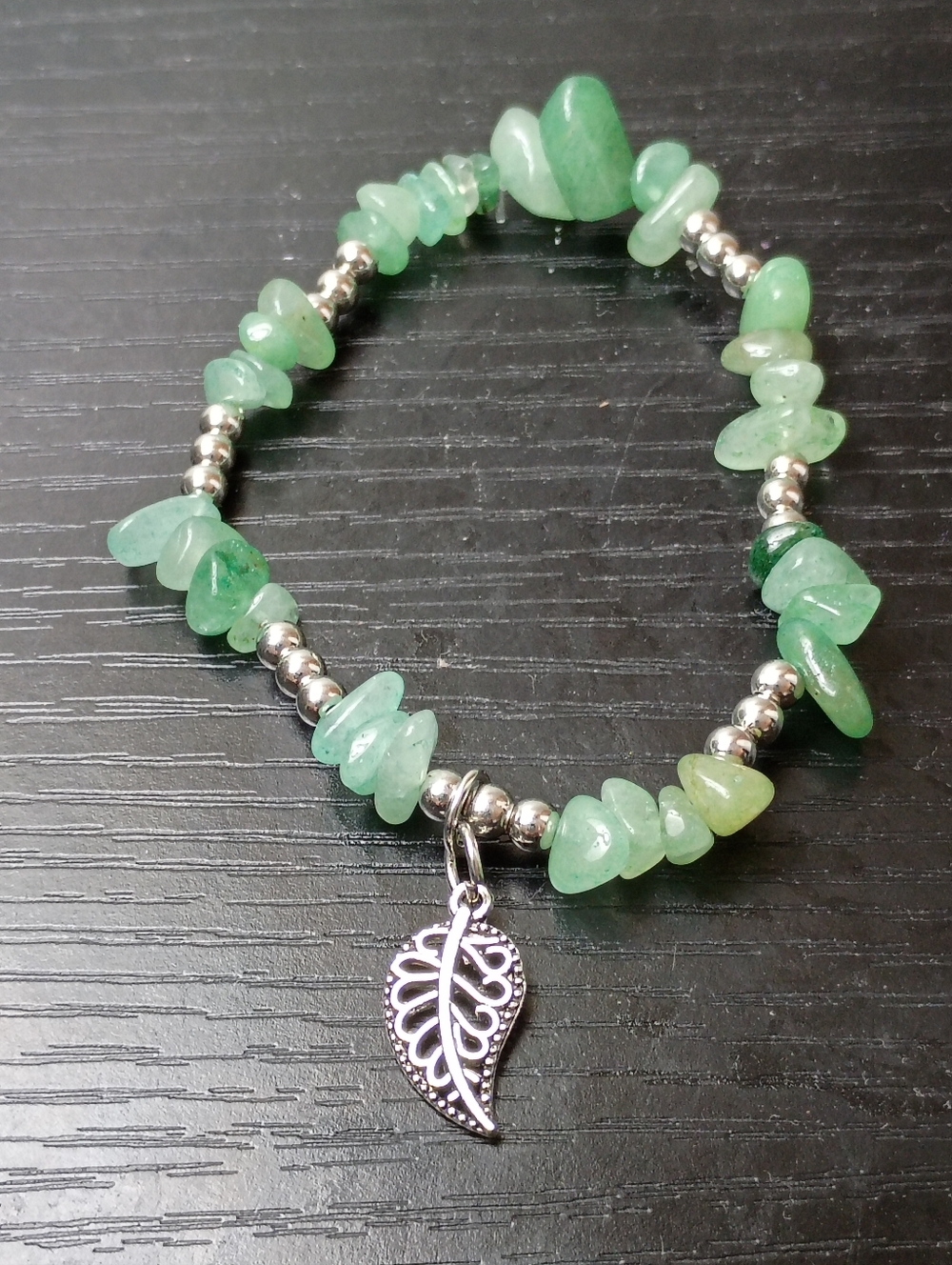 Green Aventurine Chip Bracelet with Silver Leaf Charm